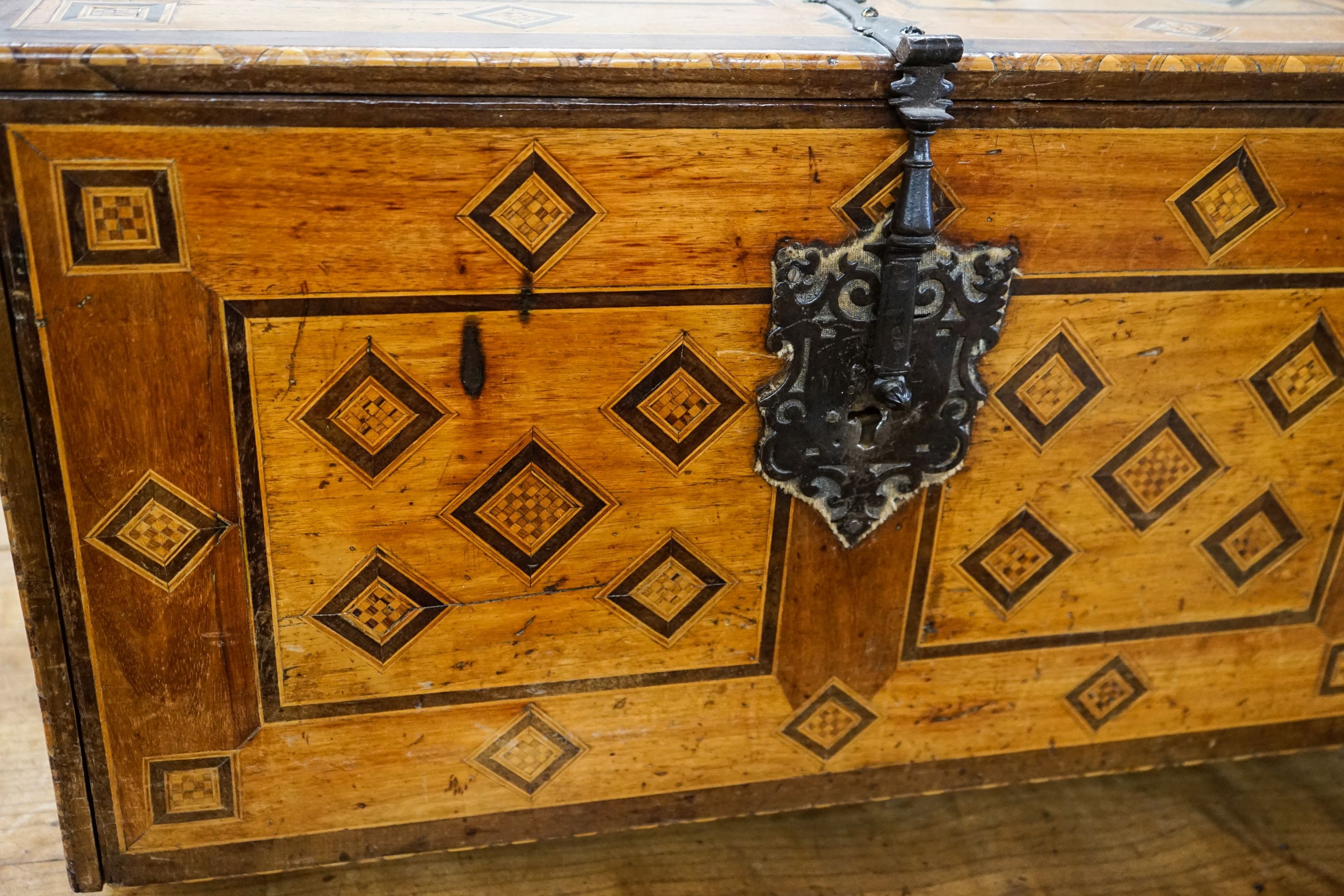 A 19th century Damascan parquetry inlaid fall front chest with two drawer interior, width 75cm, depth 40cm, height 43cm